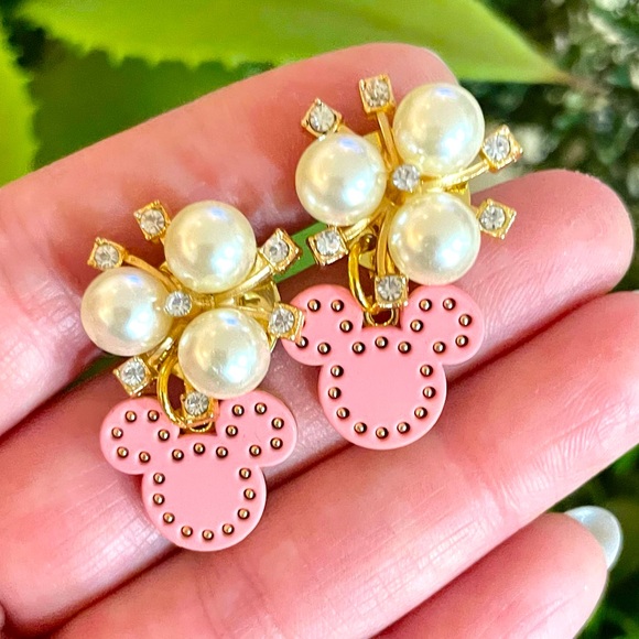 Cubic Zirconia and Pearl Pink Mickey Earrings - Picture 2 of 5
